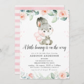 ガールズピンクフローラグレーバニーベビーシャワー 招待状 (正面/裏面)