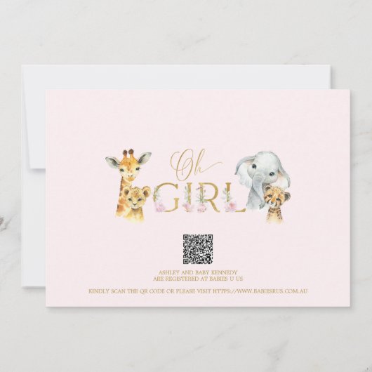 ガールズピンクフローラサファリベビーシャワー招待状 招待状 (裏面)