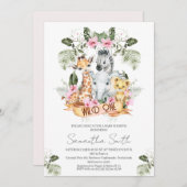 ガールズピンクフローラサファリワイルドワンベビーシャワー 招待状 (正面/裏面)