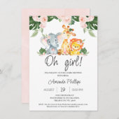 ガールズピンクフローラサファリ動物ベビーシャワー 招待状 (正面/裏面)
