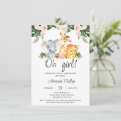 ガールズピンクフローラサファリ動物ベビーシャワー 招待状 (スタンド正面)