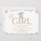 ガールズピンクフローラゾウ赤ちゃんシャワー招待状 招待状 (正面)