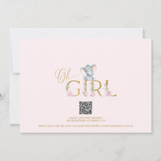 ガールズピンクフローラゾウ赤ちゃんシャワー招待状 招待状 (裏面)