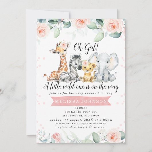 ガールズピンクフローラバナーサファリベビーベビーシャワー 招待状 (正面)