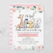 ガールズピンクフローラバナーサファリベビーベビーシャワー 招待状 (正面/裏面)