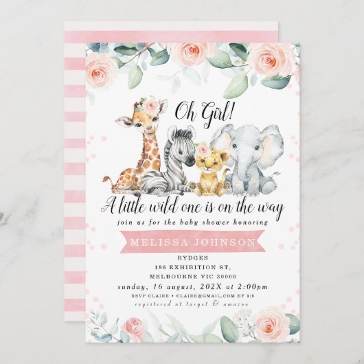 ガールズピンクフローラバナーサファリベビーベビーシャワー 招待状 (正面/裏面)