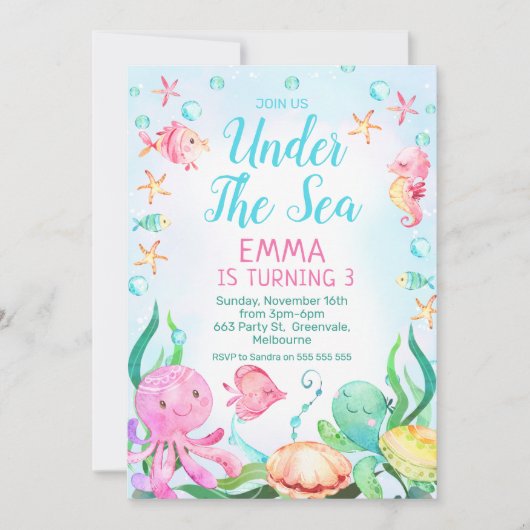 ガールズピンクブルーアンダーザシー誕生日 招待状 (正面)