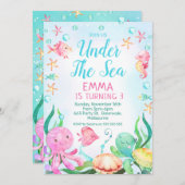 ガールズピンクブルーアンダーザシー誕生日 招待状 (正面/裏面)