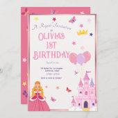 ガールズピンクプリンセスカスタム誕生日招待状 招待状 (正面/裏面)