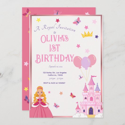 ガールズピンクプリンセスカスタム誕生日招待状 招待状 (正面/裏面)