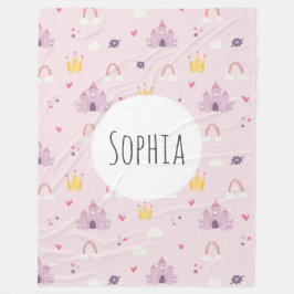 ガールズピンクプリンセス城、レインボー、クラウンパターン フリースブランケット
