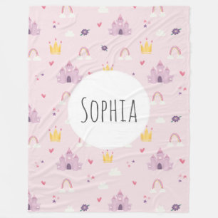 ガールズピンクプリンセス城、レインボー、クラウンパターン フリースブランケット