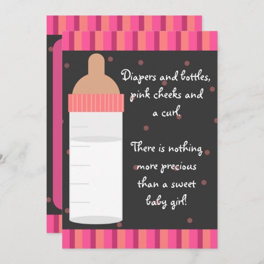 ガールズピンクベビーボトルベビーシャワーインビテーション 招待状 (正面/裏面)
