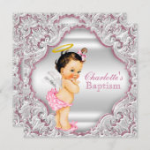 ガールズピンクホワイトエンジェルガールベビーバプテスマ 招待状 (正面/裏面)