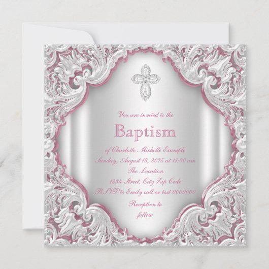 ガールズピンクホワイトエンジェルガールベビーバプテスマ 招待状 (裏面)