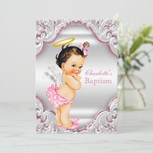 ガールズピンクホワイトエンジェルガールベビーバプテスマ 招待状 (スタンド正面)