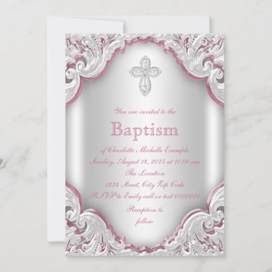 ガールズピンクホワイトエンジェルガールベビーバプテスマ 招待状 (裏面)