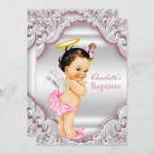 ガールズピンクホワイトエンジェルガールベビーバプテスマ 招待状 (正面/裏面)