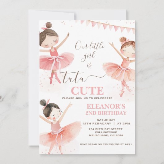 ガールズピンクホワイトツチュバレリーナ2nd誕生日 招待状 (正面)
