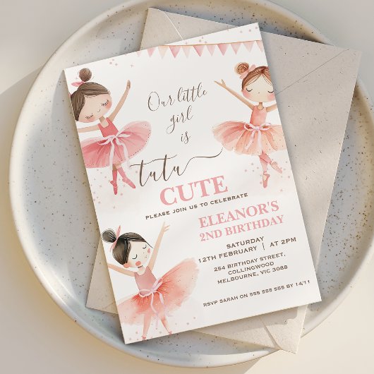 ガールズピンクホワイトツチュバレリーナ2nd誕生日 招待状