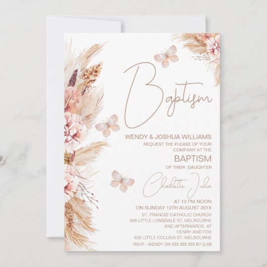 ガールズピンクボホフローラ蝶バプテスマ 招待状 (正面)