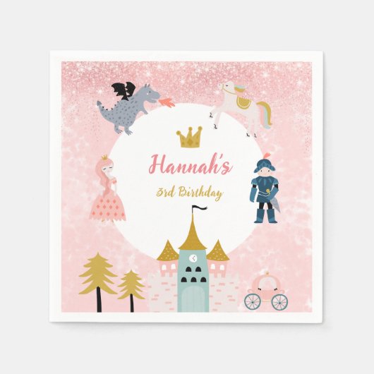 ガールズピンクマジカルプリンセス城誕生日 スタンダードカクテルナプキン (正面)