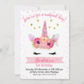 ガールズピンクユニコーン顔誕生日招待状 招待状 (正面)