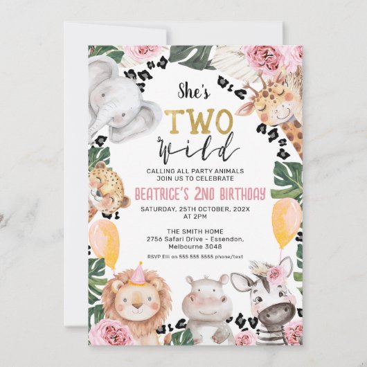 ガールズピンクローズワイルドサファリ2歳の誕生日 招待状 (正面)