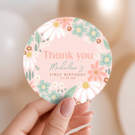 ガールズピンクワイルドフラワーデイジー1st誕生日のお祝い ラウンドシール