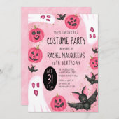 ガールズピンク幽霊こうもり衣装ハロウィーン誕生日 招待状 (正面/裏面)