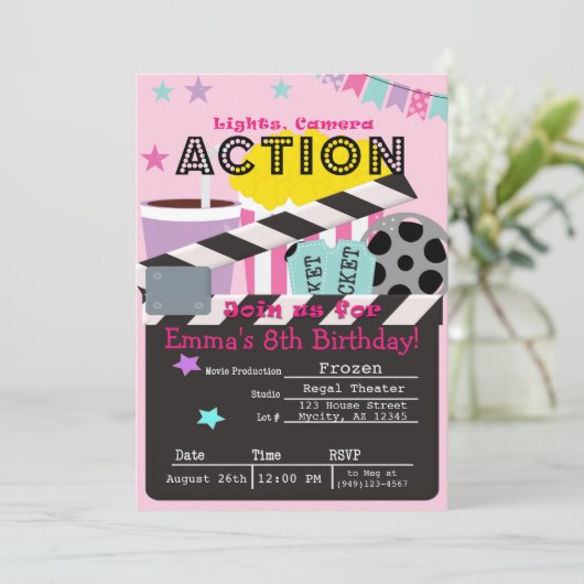 ガールズピンク映画館パーティー誕生日 招待状 (スタンド正面)