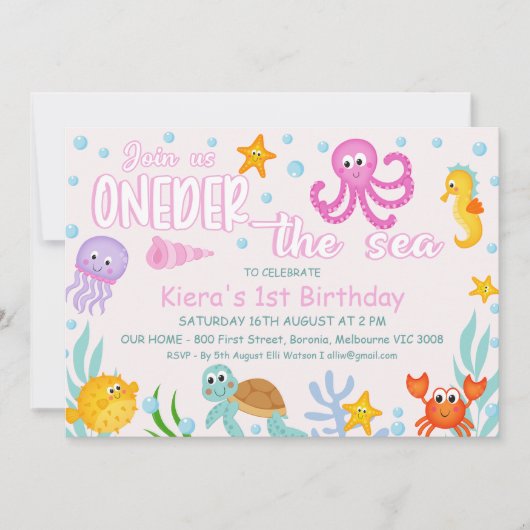 ガールズピンク海の下の海のワンダーザ海の最初の誕生日 招待状 (正面)