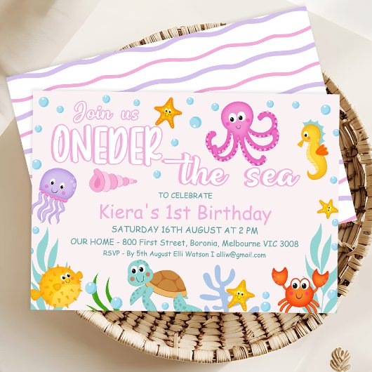 ガールズピンク海の下の海のワンダーザ海の最初の誕生日 招待状