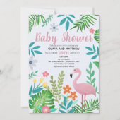 ガールズピンク熱帯ジャングルフラミンゴベビーシャワー 招待状 (正面)