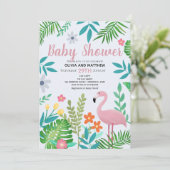 ガールズピンク熱帯ジャングルフラミンゴベビーシャワー 招待状 (スタンド正面)