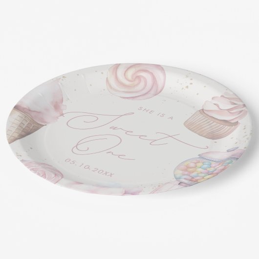ガールズピンク甘いワンキャンディーアイスクリーム1歳の誕生日 ペーパープレート (アングル)