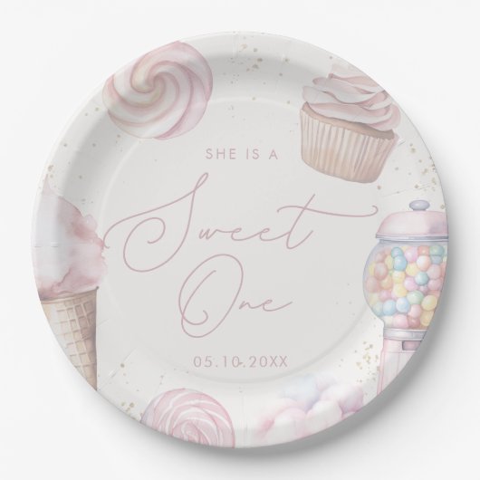 ガールズピンク甘いワンキャンディーアイスクリーム1歳の誕生日 ペーパープレート (正面)