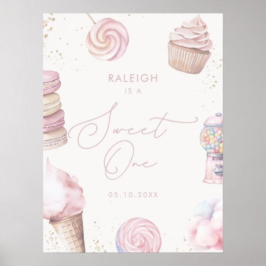 ガールズピンク甘いワンキャンディーアイスクリーム1歳の誕生日 ポスター (正面)