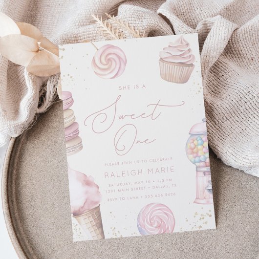 ガールズピンク甘いワンキャンディーアイスクリーム1歳の誕生日 招待状