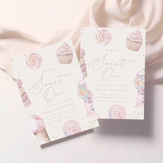 ガールズピンク甘いワンキャンディーアイスクリーム1歳の誕生日 招待状