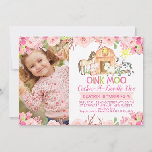 ガールズピンク納屋周囲の庭写真の誕生日の招待状 招待状 (正面)
