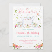ガールズピンク金ゴールドフローラティーパーティー誕生日 招待状 (正面)