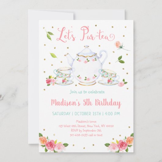 ガールズピンク金ゴールドフローラティーパーティー誕生日 招待状 (正面)