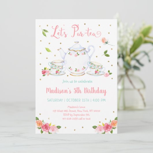 ガールズピンク金ゴールドフローラティーパーティー誕生日 招待状 (スタンド正面)