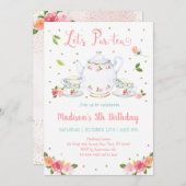ガールズピンク金ゴールドフローラティーパーティー誕生日 招待状 (正面/裏面)