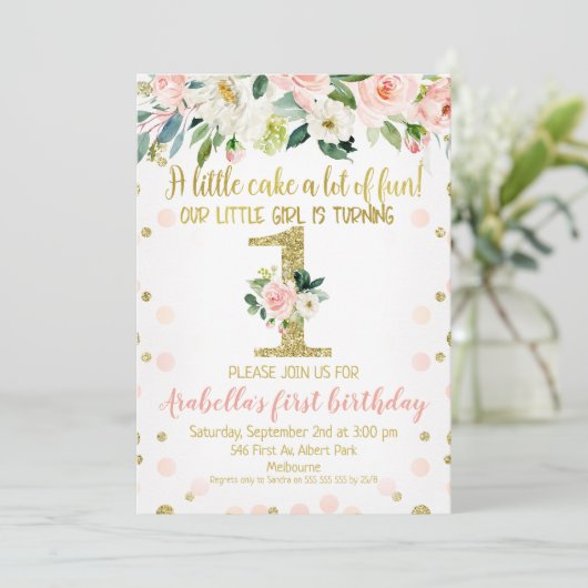 ガールズピンク金ゴールドフローラ1st誕生日招待状 招待状 (スタンド正面)