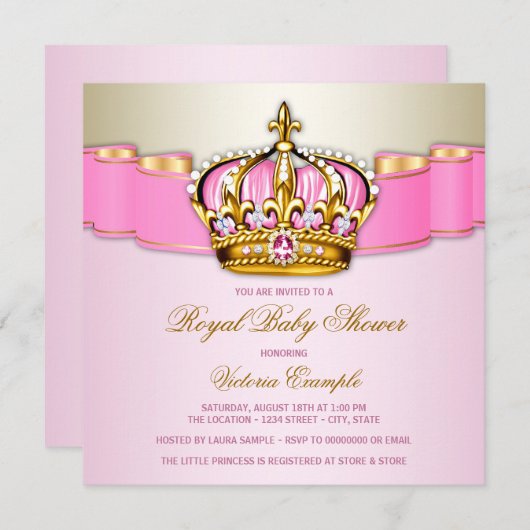 ガールズピンク金ゴールド王室のベビーシャワー 招待状 (正面/裏面)