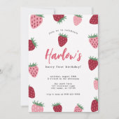ガールズピンク&レッドストロベリーベリーファースト誕生日 招待状 (正面)