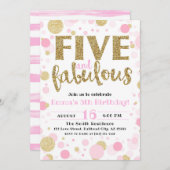 ガールズピンク&金ゴールドファイブ&ファブラス5誕生日 招待状 (正面/裏面)