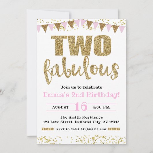 ガールズピンク&金ゴールド2歳の素晴らしい2回目の誕生日 招待状 (正面)